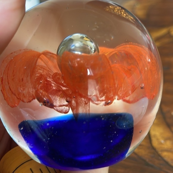 Glass Paperweight Hand Blown Orange Royal Blue Flower Round Vintage - Picture 5 of 7